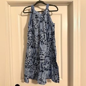 Bellambra Linen Tie Dye Shibori Style Blue Dress with Tie Neck